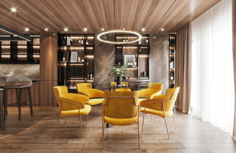 jadalnia z&nbsp;żółtymi krzesłami