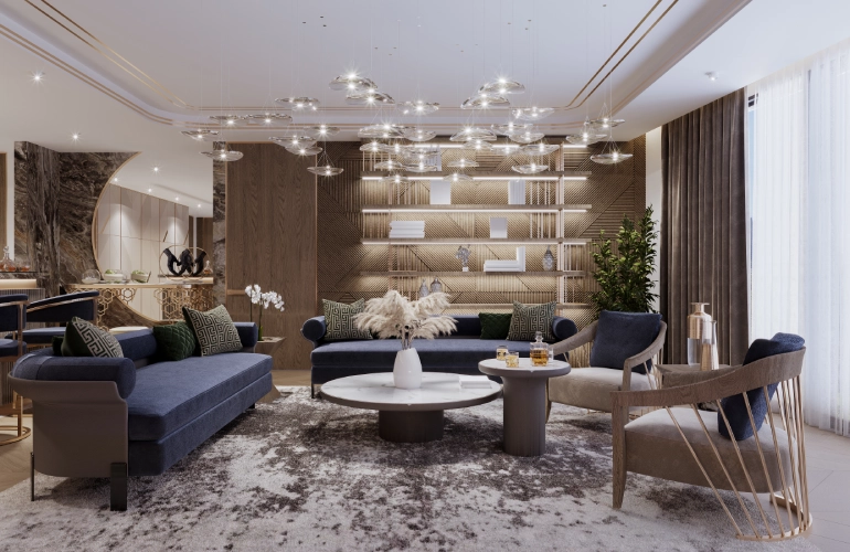 salon z&nbsp;niebieskimi kanapami