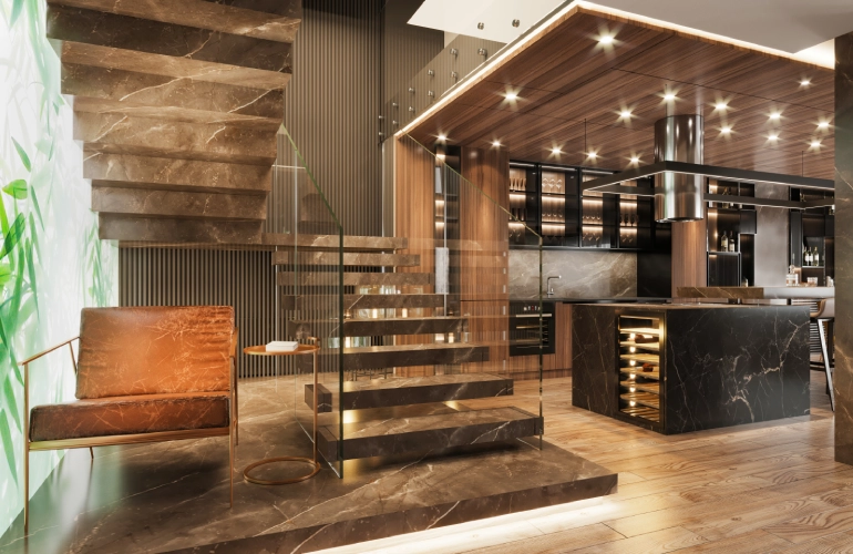 luksusowa kuchnia i&nbsp;schody