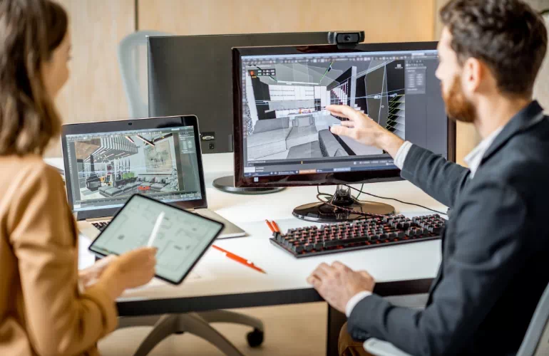 mężczyzna wskazujący palcem na&nbsp;monitor